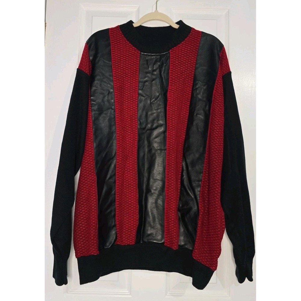 BAGAZIO Mens XL Sweater Red Black Striped Faux Leather Retro   2XL